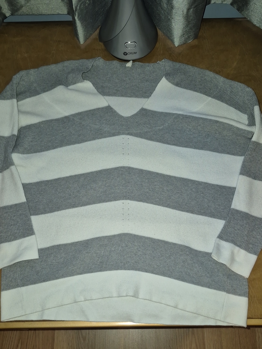 Pink Blush V-Neck Striped Women's Sweater in Gray and White..size S..oversized
